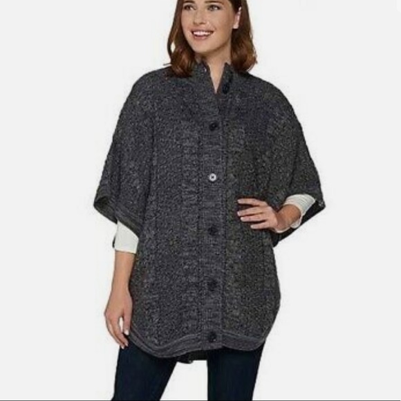 Denim & Co. Cable Knit Poncho Sweater Size Large Color Gray Button detail - Picture 1 of 16